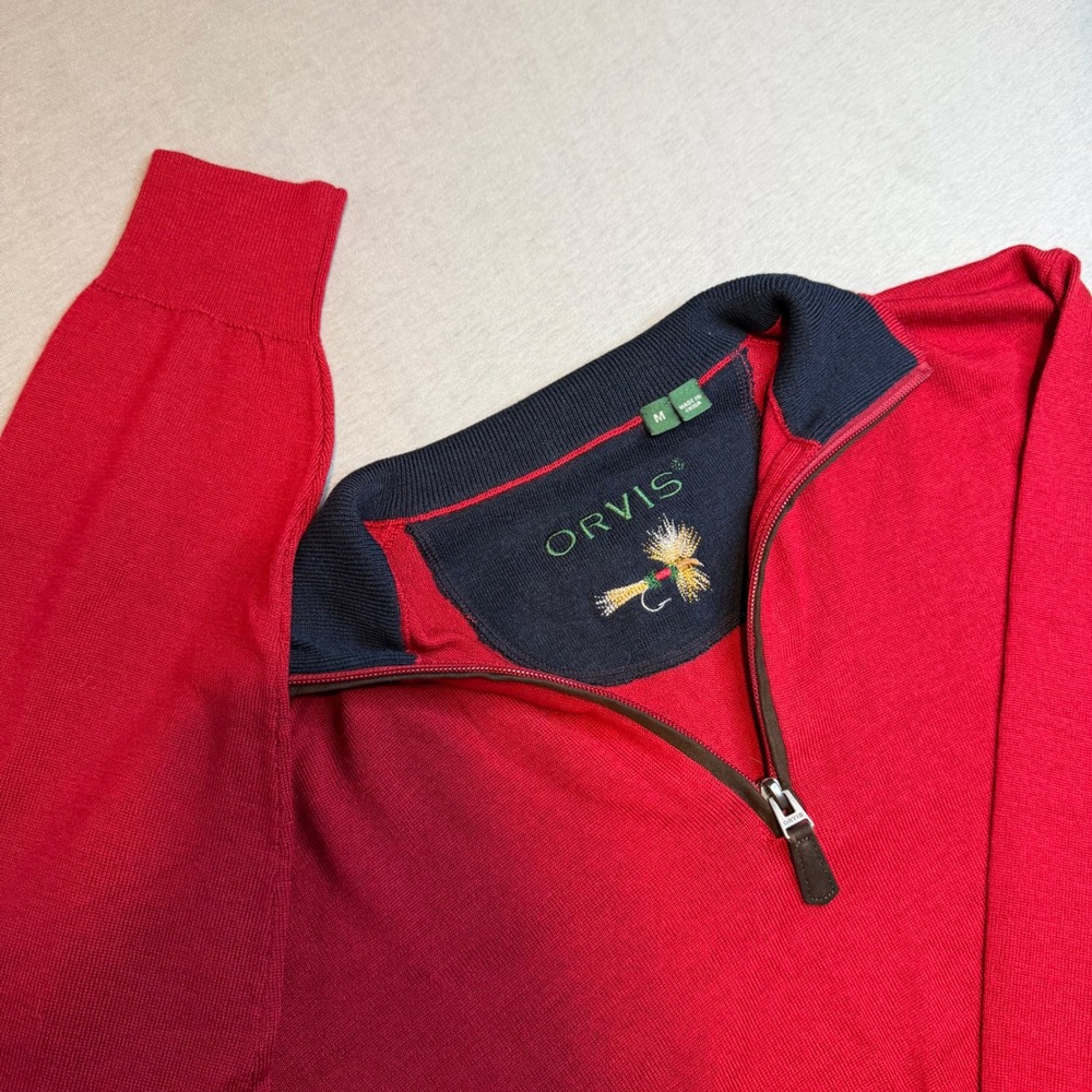 Orvis Mens Red 100% Merino Wool Quarter Zip Pullover Sweater Fly Fishing Size M